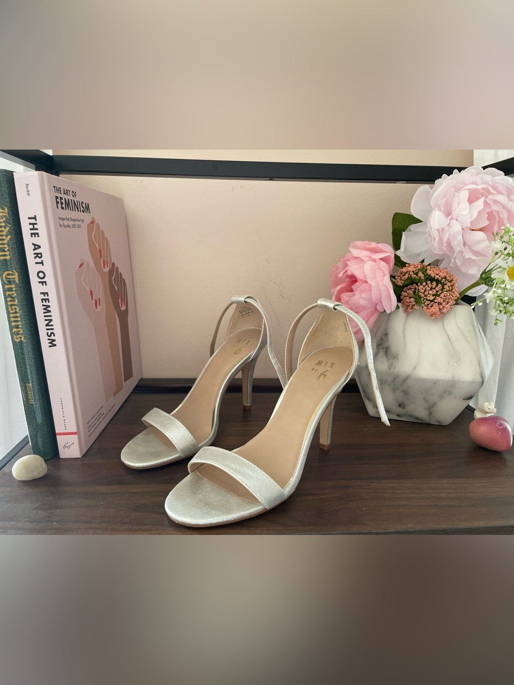 Mix No. 6 Silver Metallic Open-Toe Ankle-Tie Stiletto Heels